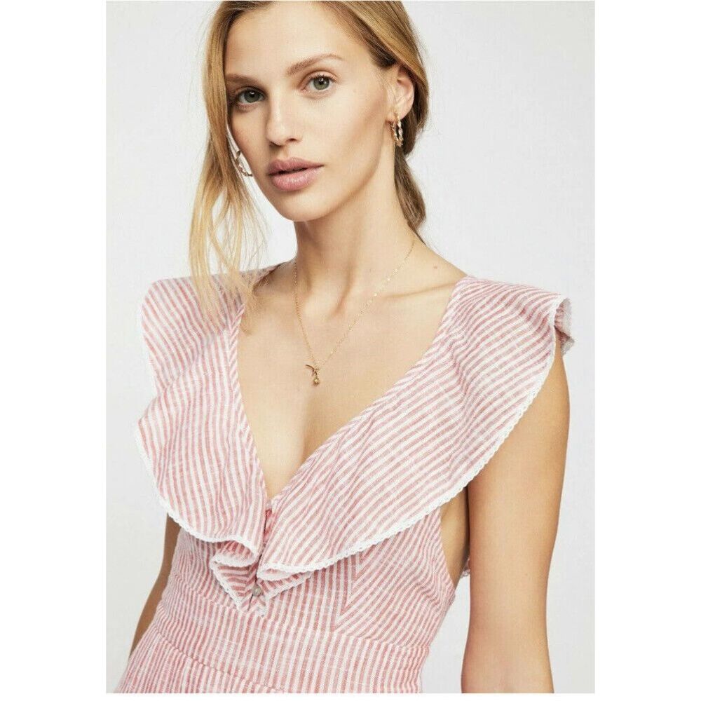 Free People Heartlines Mini Dress‎ Pink Striped Ruffle Backless Cross NWOT XS - Picture 2 of 8